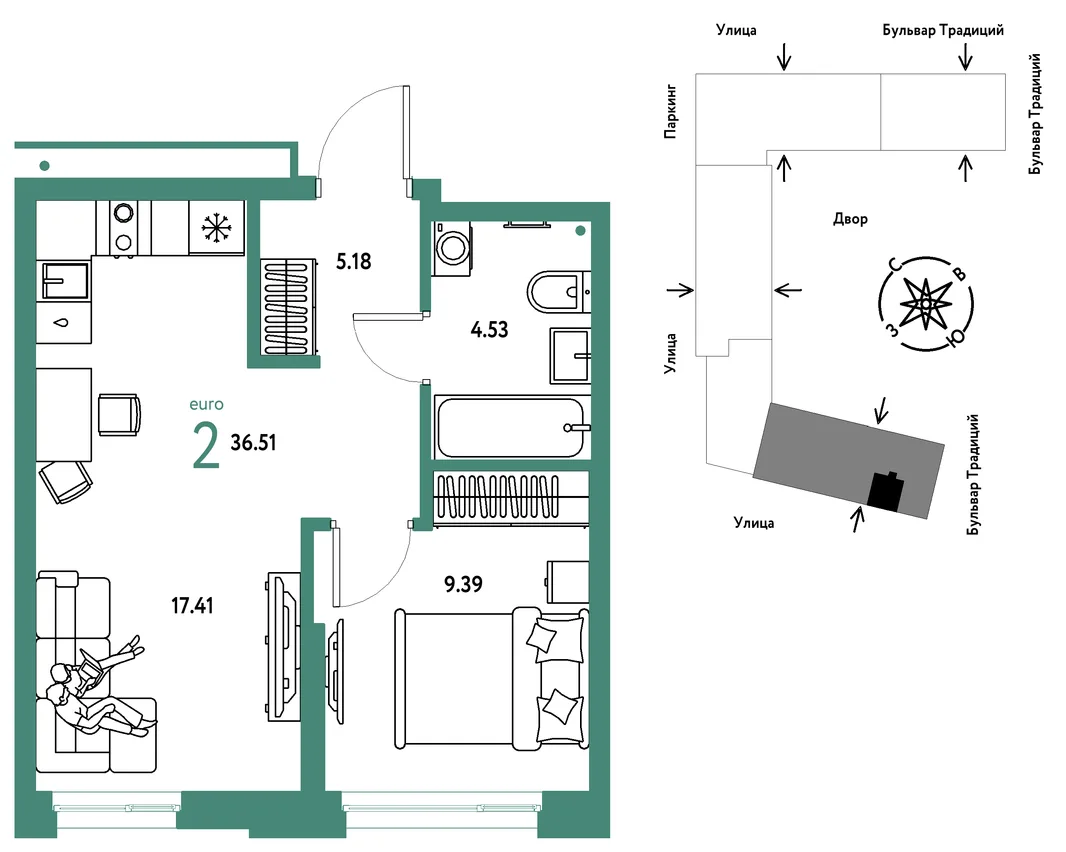 Планировка 2-комн. квартира, 36.51 м² ЖК «Микрорайон Домашний»