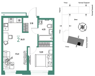 Планировка 2-комн. квартира, 36.51 м² ЖК «Микрорайон Домашний»