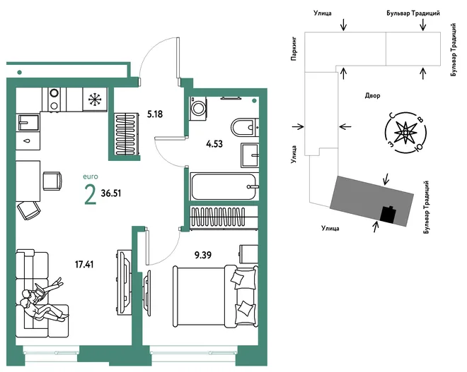Планировка 2-комн. квартира, 36.51 м² ЖК «Микрорайон Домашний» Планировка 2-комн. квартира, 36.51 м² ЖК «Микрорайон Домашний»