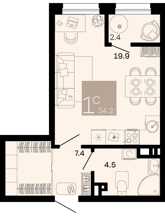 Планировка Студия, 34.2 м² ЖК «Хозяин морей»