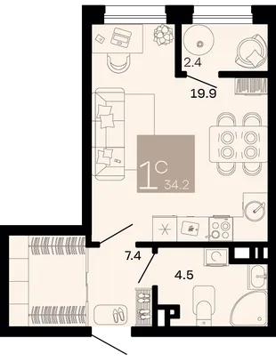 Планировка Студия, 34.2 м² ЖК «Хозяин морей»