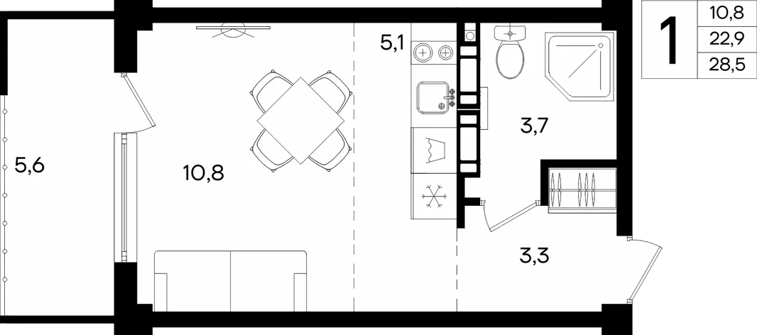 Планировка 1-комн. квартира, 28.5 м² Апарт-комплекс «Альморе»