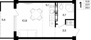Планировка 1-комн. квартира, 28.5 м² Апарт-комплекс «Альморе»
