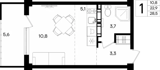Планировка 1-комн. квартира, 28.5 м² Апарт-комплекс «Альморе» Планировка 1-комн. квартира, 28.5 м² Апарт-комплекс «Альморе»