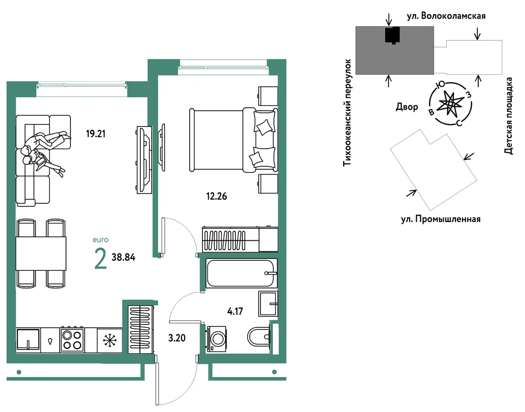 Планировка 2-комн. квартира, 38.84 м² ЖК «Страна Прибрежная»