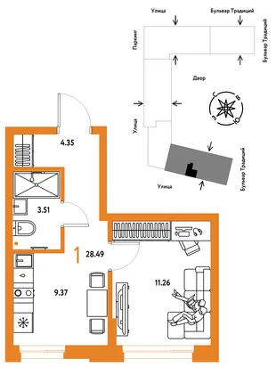 Планировка 1-комн. квартира, 28.49 м² ЖК «Микрорайон Домашний»