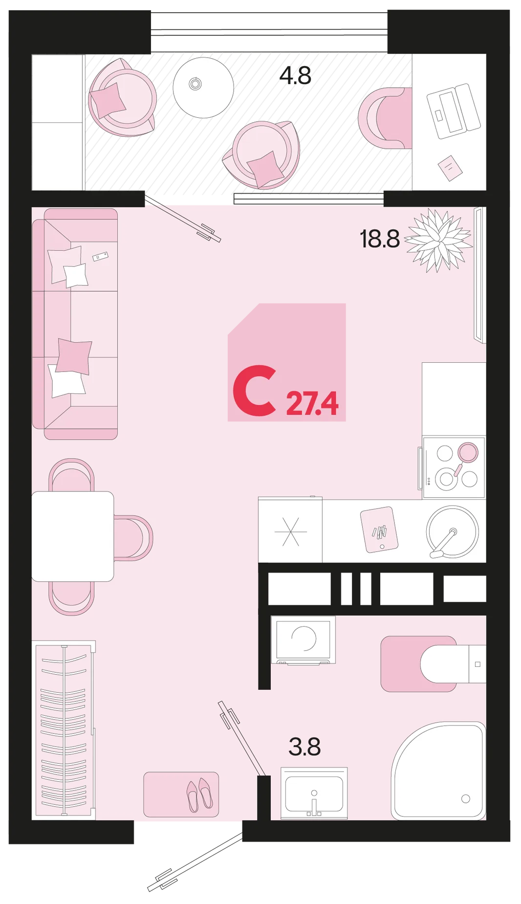 Планировка Студия, 27.4 м² ЖК «Первое место»