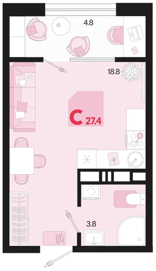 Планировка Студия, 27.4 м² ЖК «Первое место»