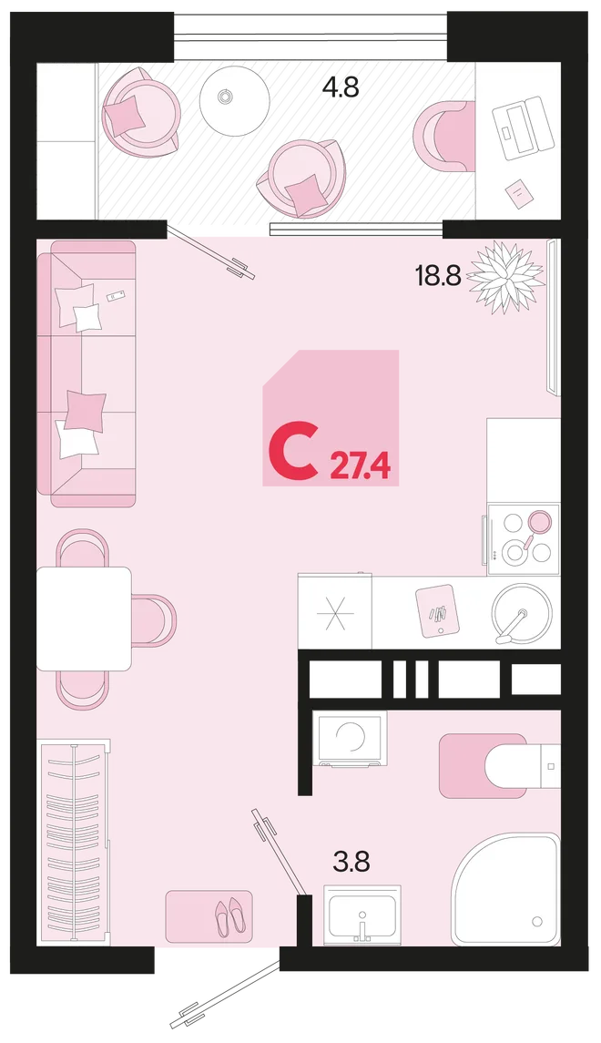 Планировка Студия, 27.4 м² ЖК «Первое место» Планировка Студия, 27.4 м² ЖК «Первое место»