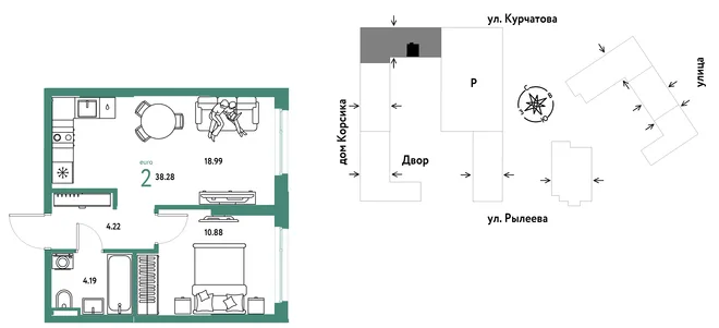 Планировка 2-комн. квартира, 38.28 м² ЖК «Остров-сад» Планировка 2-комн. квартира, 38.28 м² ЖК «Остров-сад»