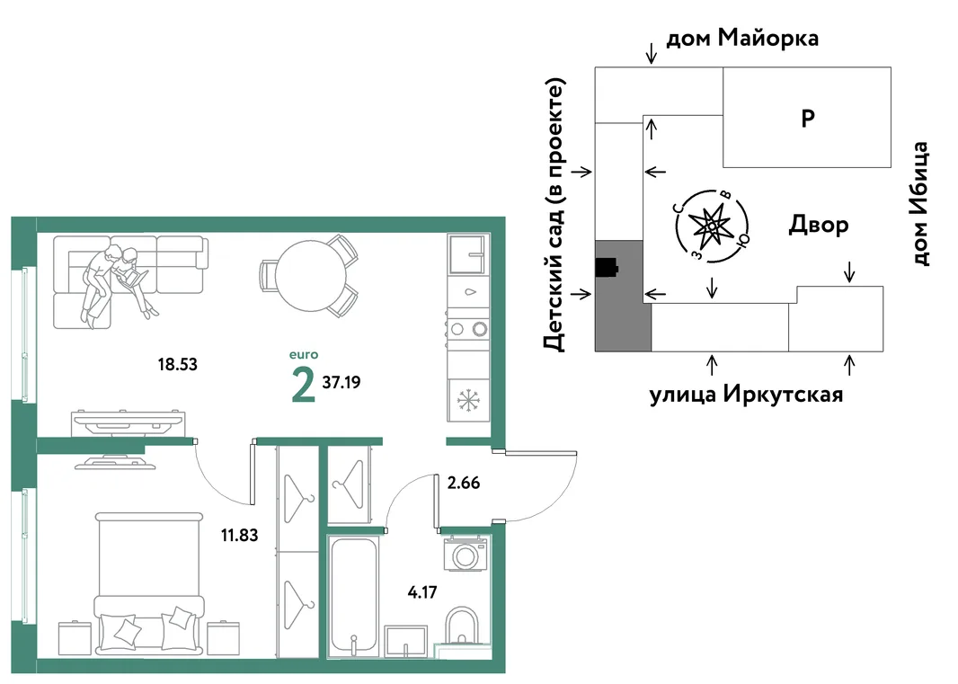 Планировка 2-комн. квартира, 37.19 м² ЖК «Остров-сад»