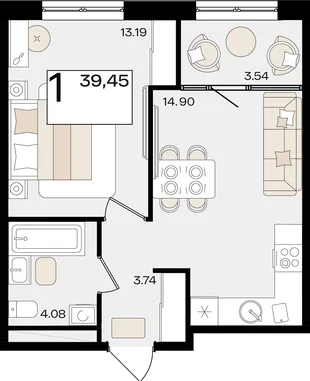 Планировка 1-комн. квартира, 39.45 м² ЖК «Патрики»