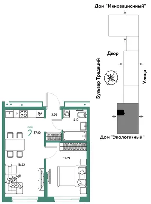 Планировка 2-комн. квартира, 37 м² ЖК «Микрорайон Домашний»