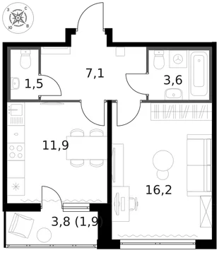 Квартира 1-комн. квартира, 42.2 м² ЖК «1-й Ленинградский» Фото 1 Квартира 1-комн. квартира, 42.2 м² ЖК «1-й Ленинградский» Фото 1