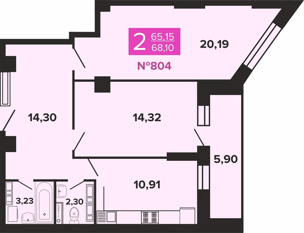 Планировка 2-комн. квартира, 68.1 м² ЖК «Художники»