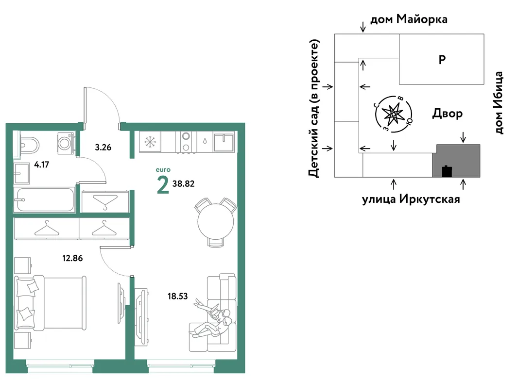 Планировка 2-комн. квартира, 38.82 м² ЖК «Остров-сад»