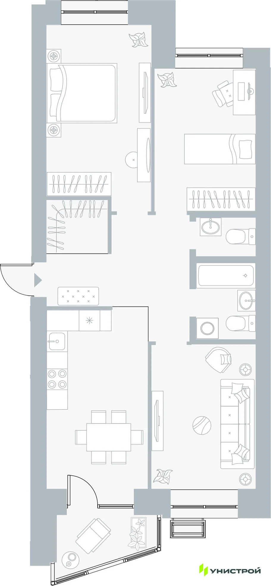 Планировка 3-комн. квартира, 75.61 м² ЖК «Причал»