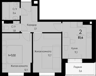 Планировка 2-комн. квартира, 51.6 м² ЖК «Васильевский остров»