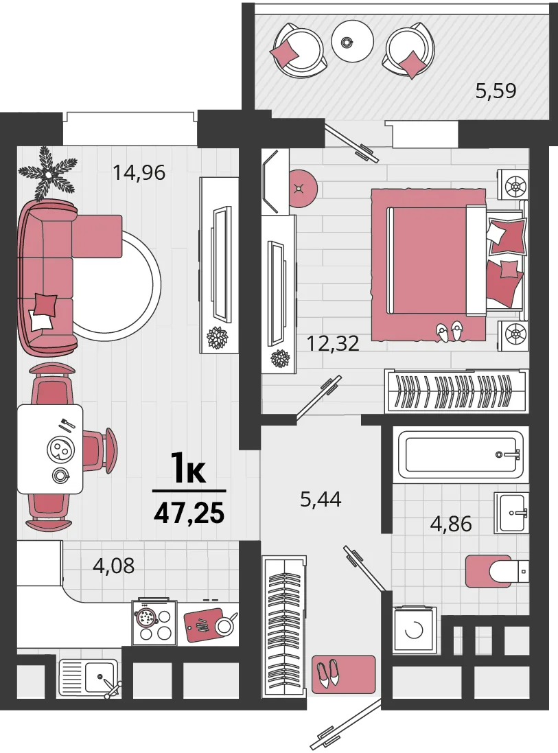 Планировка 2-комн. квартира, 47.25 м² ЖК «Родные просторы»
