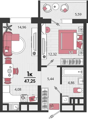 Планировка 2-комн. квартира, 47.25 м² ЖК «Родные просторы»