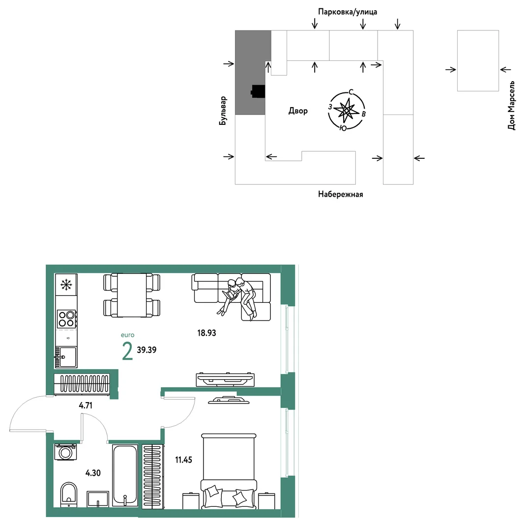 Планировка 2-комн. квартира, 39.39 м² ЖК «Европейский берег 2.0»