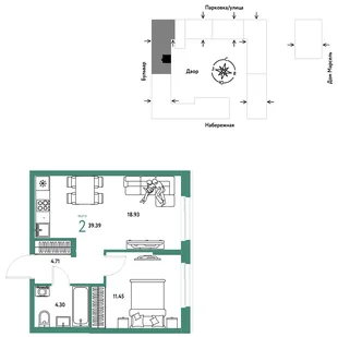 Планировка 2-комн. квартира, 39.39 м² ЖК «Европейский берег 2.0»