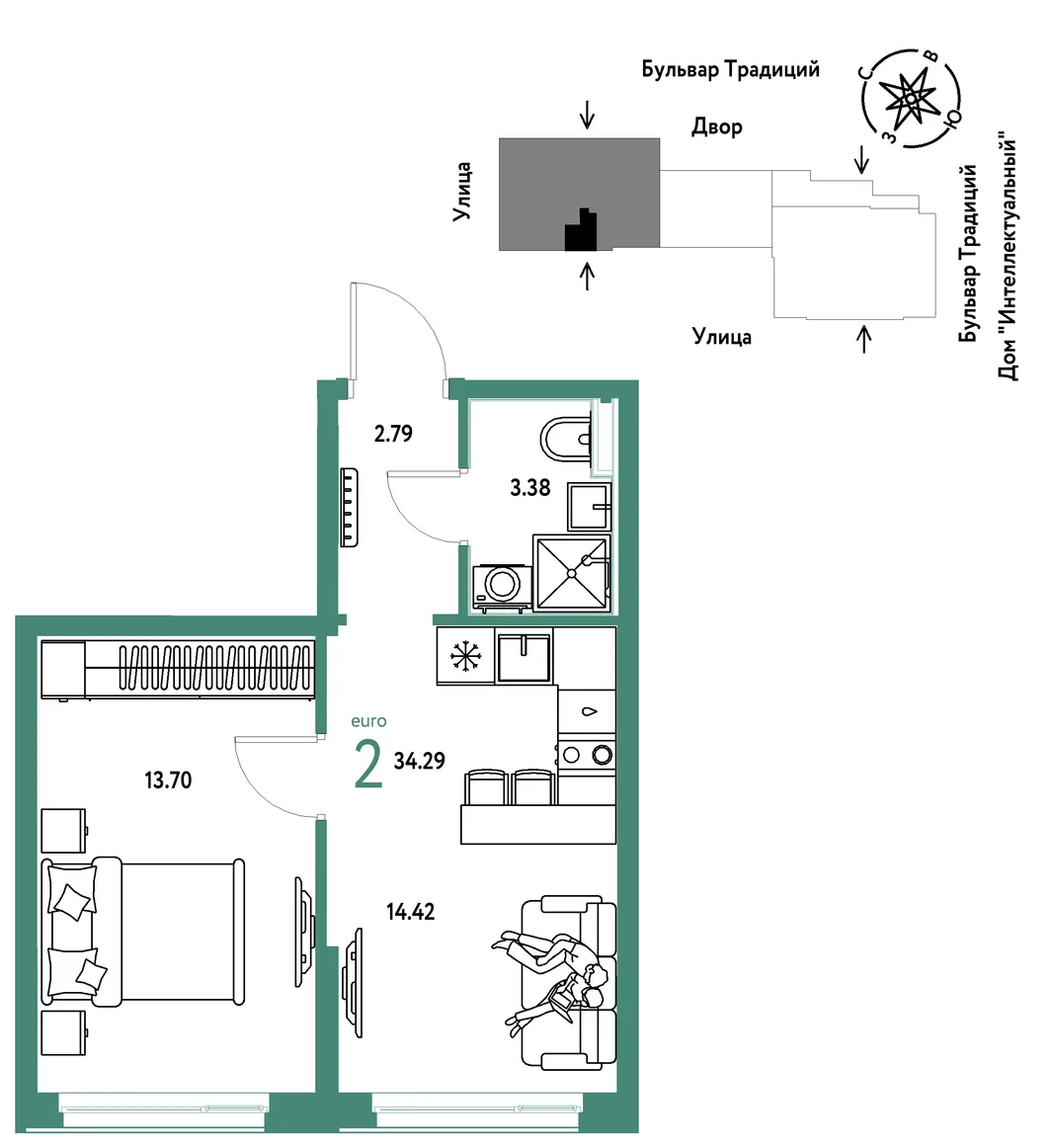 Планировка 2-комн. квартира, 34.29 м² ЖК «Микрорайон Домашний»