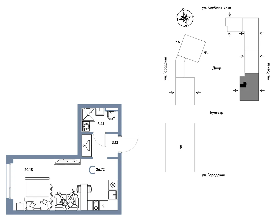 Планировка Студия, 26.72 м² ЖК «Уральский сад»