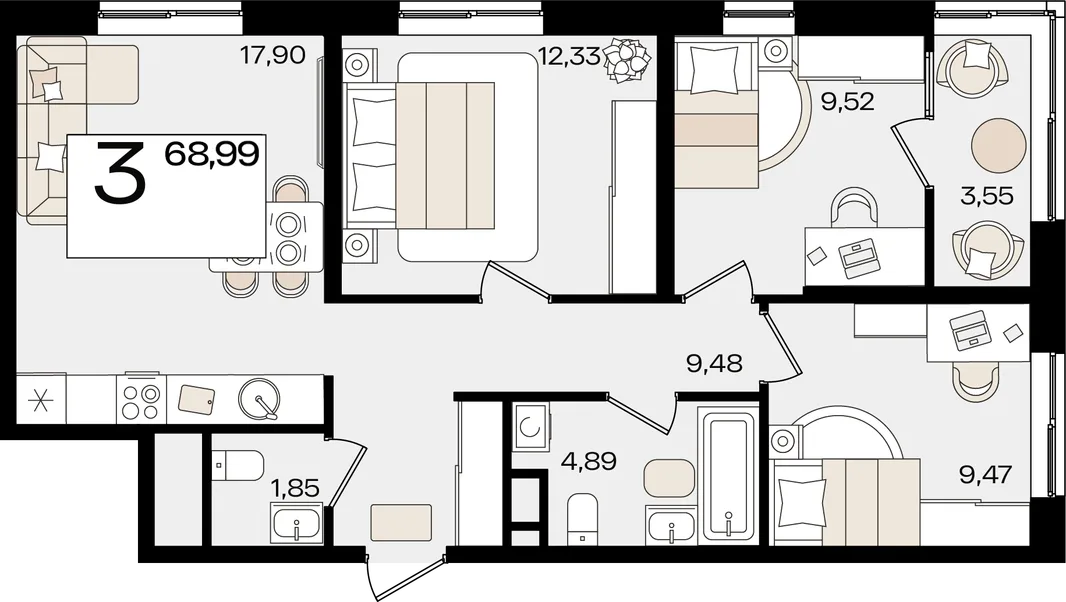Планировка 3-комн. квартира, 68.99 м² ЖК «Патрики»