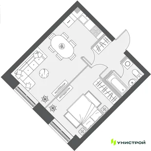 Планировка 1-комн. квартира, 39.83 м² ЖК «Уникум на Проспекте Победы»