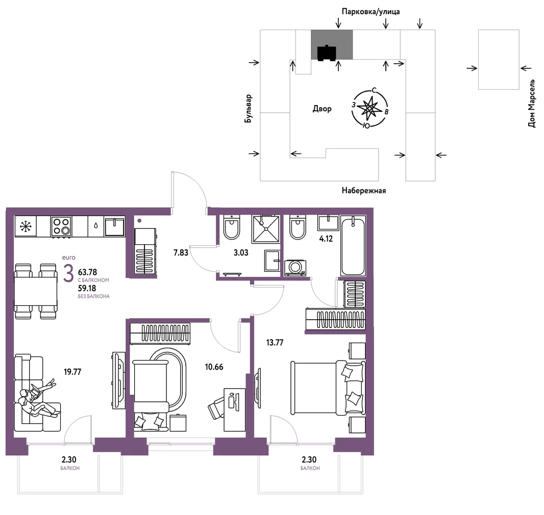 Планировка 3-комн. квартира, 63.78 м² ЖК «Европейский берег 2.0»