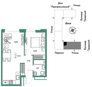 Планировка 2-комн. квартира, 41.12 м² ЖК «Микрорайон Домашний»
