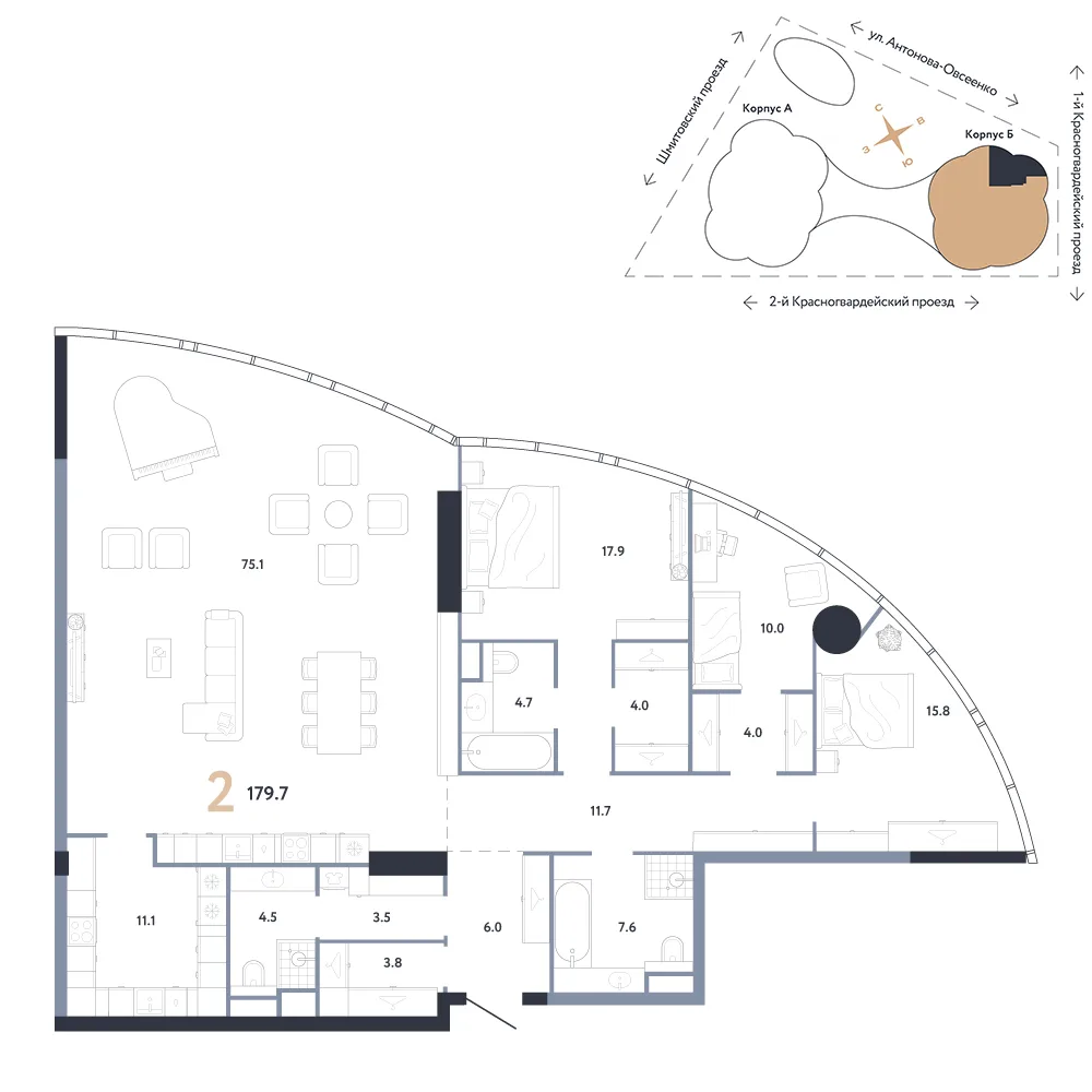 Планировка 3-комн. квартира, 179.7 м² ЖК «АУРУС Резиденции»