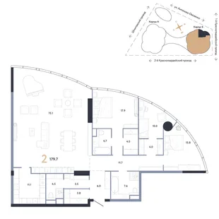 Планировка 3-комн. квартира, 179.7 м² ЖК «АУРУС Резиденции»