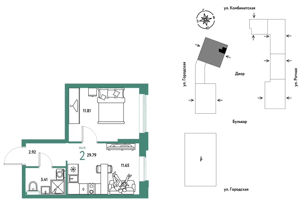 Планировка 2-комн. квартира, 29.79 м² ЖК «Уральский сад»