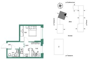 Планировка 2-комн. квартира, 29.79 м² ЖК «Уральский сад»