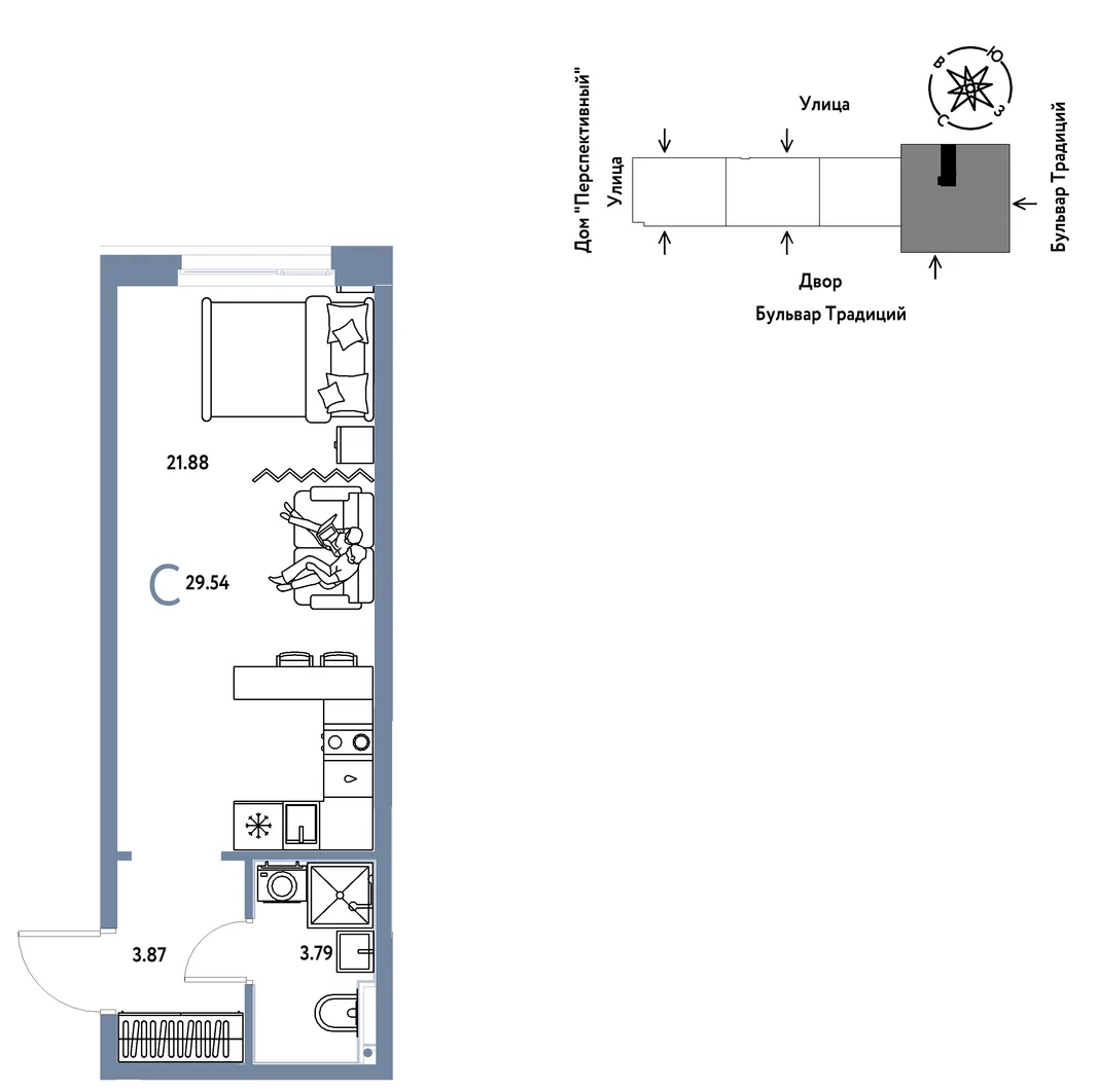 Планировка Студия, 29.54 м² ЖК «Микрорайон Домашний»