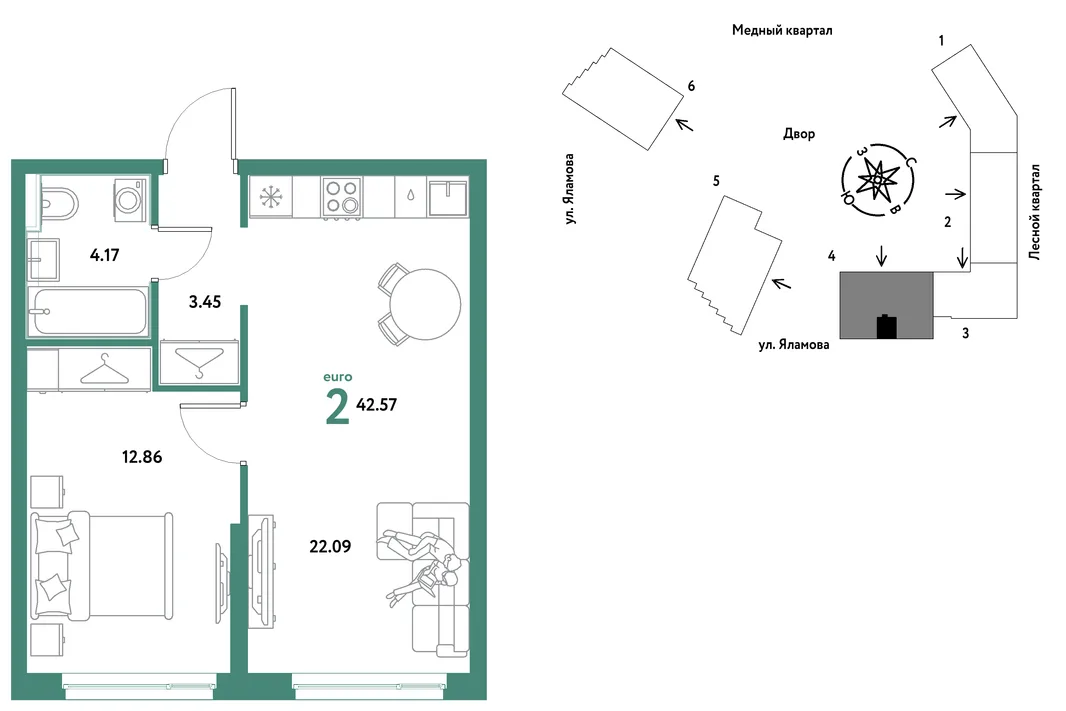 Планировка 2-комн. квартира, 42.57 м² ЖК «Сибирский сад»