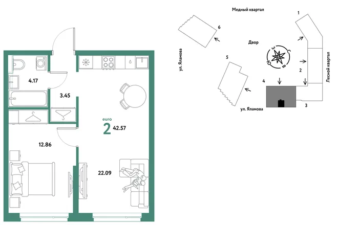 Планировка 2-комн. квартира, 42.57 м² ЖК «Сибирский сад» Планировка 2-комн. квартира, 42.57 м² ЖК «Сибирский сад»