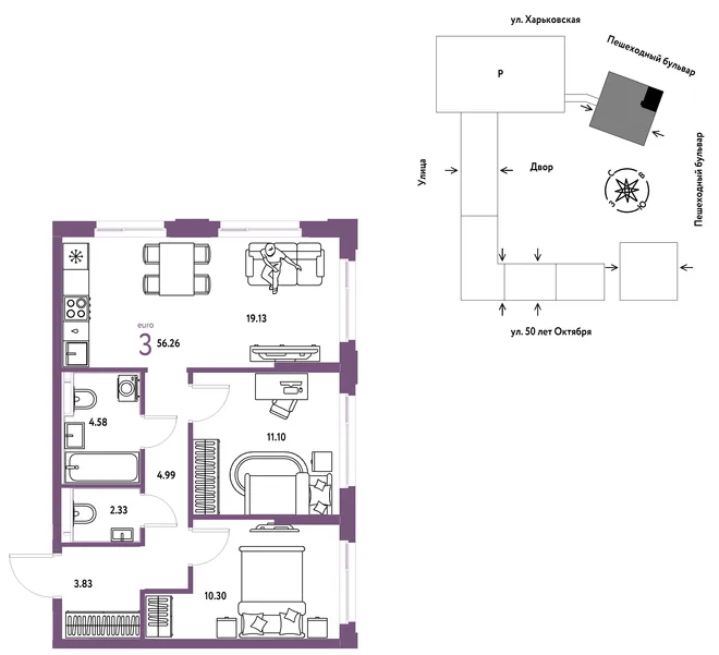 Планировка 3-комн. квартира, 56.26 м² ЖК «Сердце Сибири» Планировка 3-комн. квартира, 56.26 м² ЖК «Сердце Сибири»