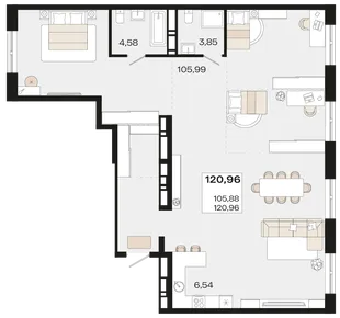 Планировка 1-комн. квартира, 120.96 м² ЖК «Патрики»