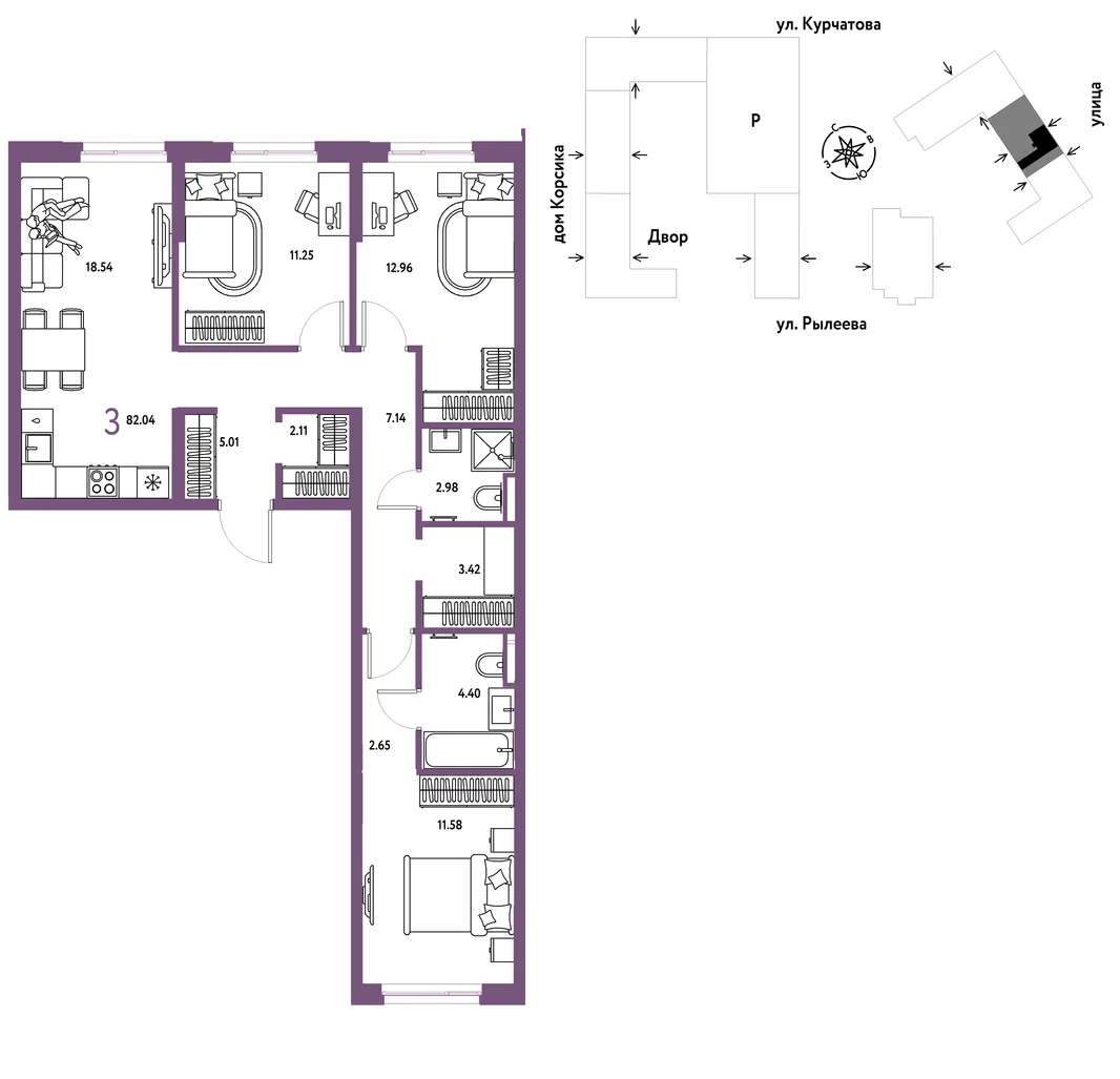 Планировка 3-комн. квартира, 82.48 м² ЖК «Остров-сад»
