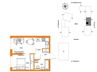 Планировка 1-комн. квартира, 34.52 м² ЖК «Уральский сад»