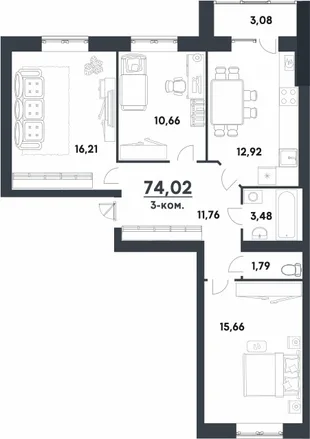 Планировка 3-комн. квартира, 74.02 м² ЖК «мкр. Долина»