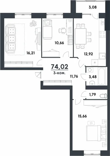 Планировка 3-комн. квартира, 74.02 м² ЖК «мкр. Долина» Планировка 3-комн. квартира, 74.02 м² ЖК «мкр. Долина»