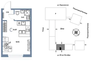 Планировка Студия, 24.69 м² ЖК «Сердце Сибири»