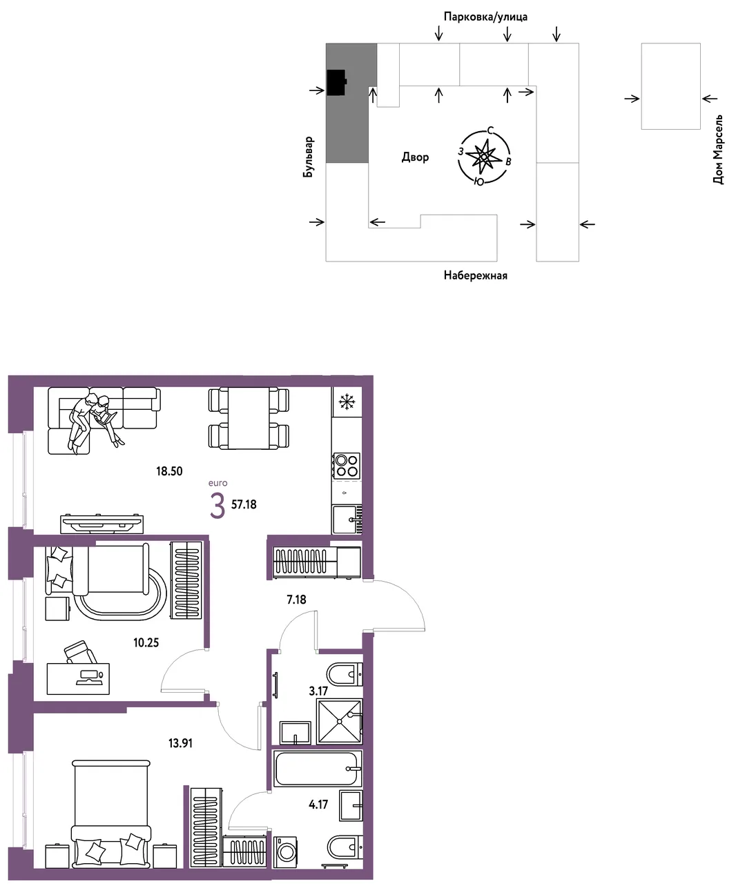 Планировка 3-комн. квартира, 57.18 м² ЖК «Европейский берег 2.0»