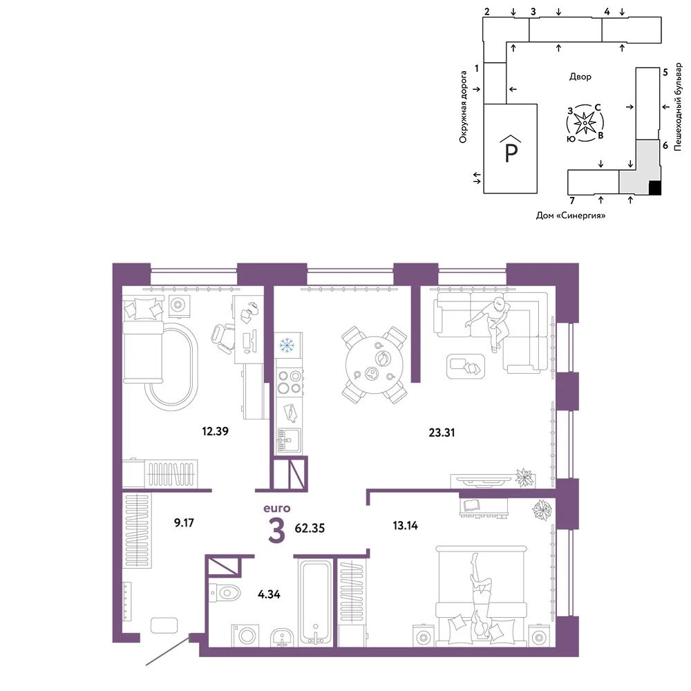 Планировка 3-комн. квартира, 62.35 м² ЖК «Юнион»