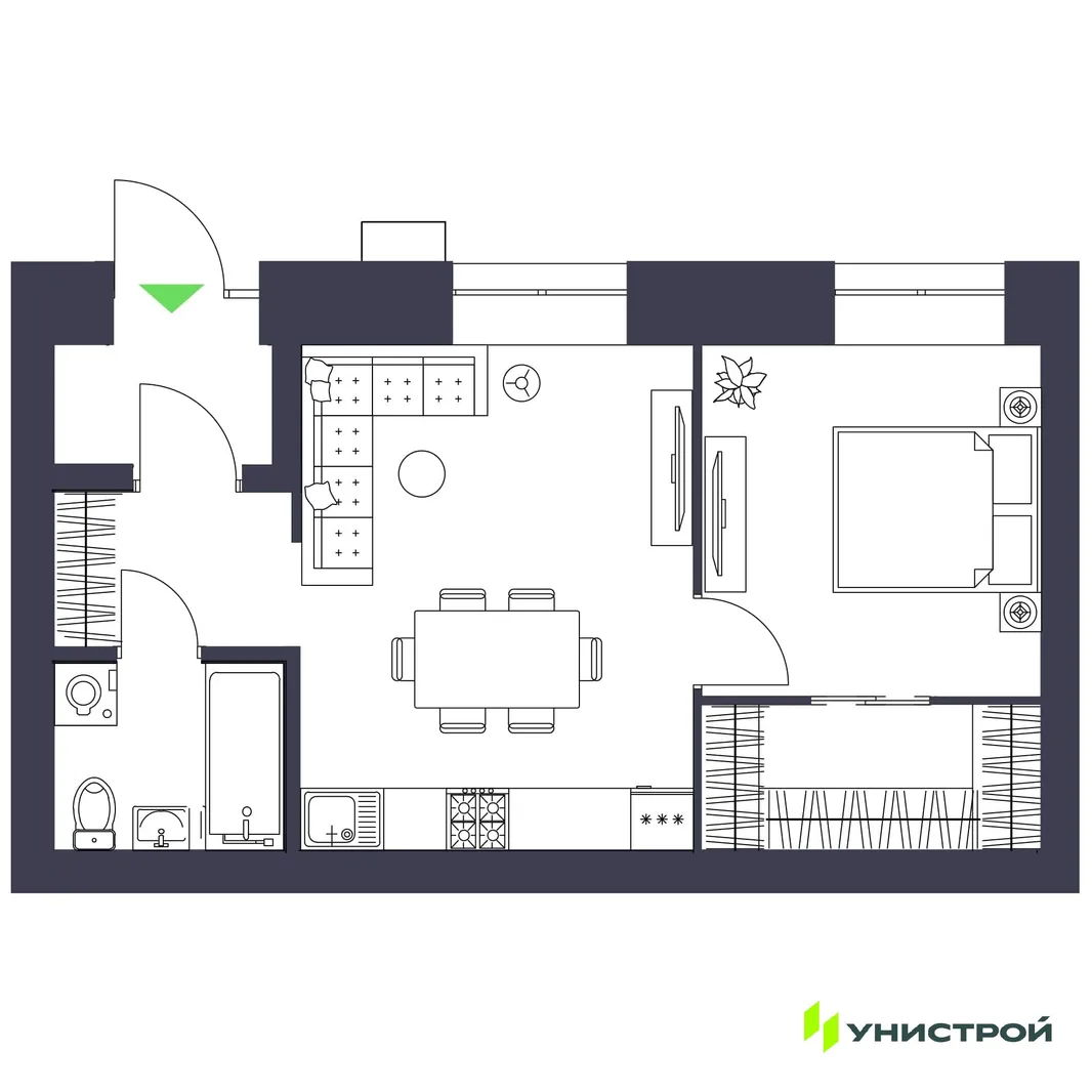 Планировка 1-комн. квартира, 43.52 м² ЖК «Царёво City»