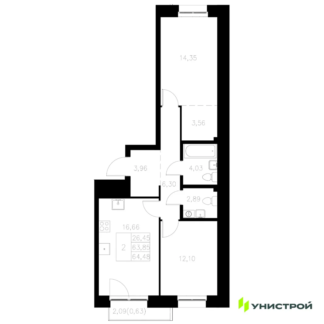 Планировка 2-комн. квартира, 64.48 м² ЖК «Statum»